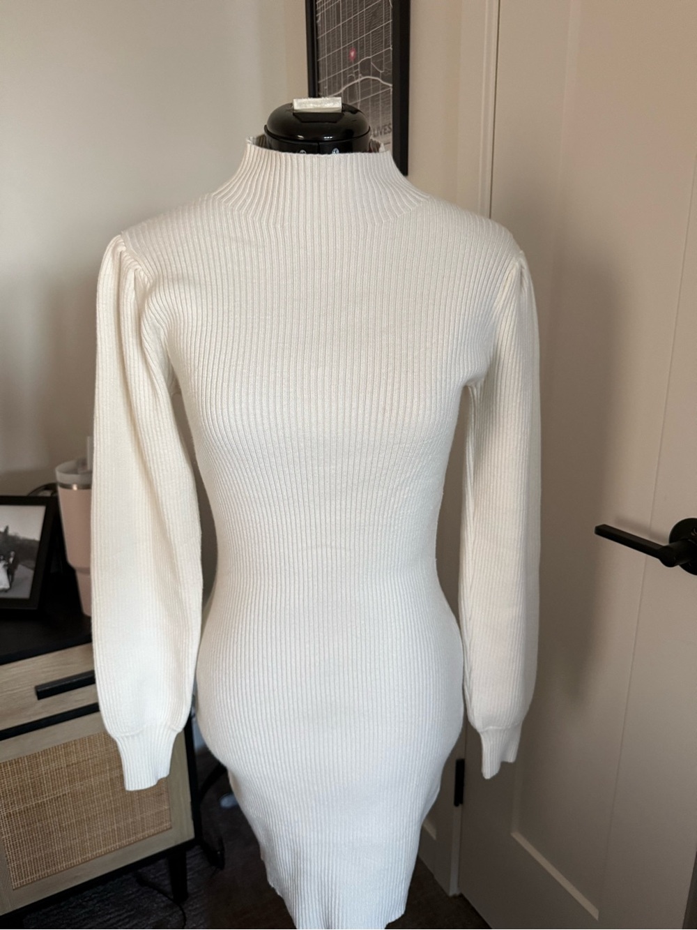 Cream Ribbed Mock Neck Sweater Dress